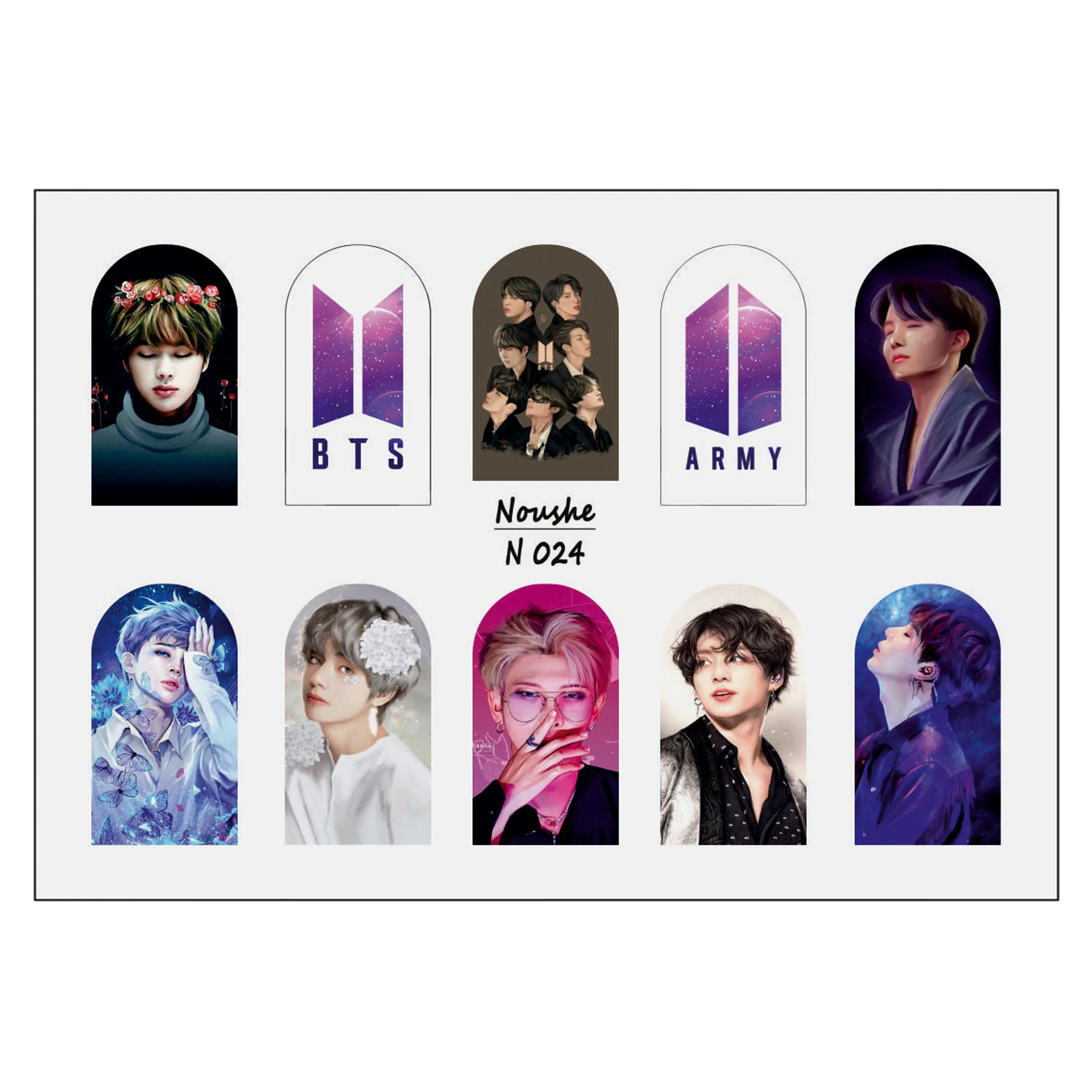 لنز ناخن فول کاور BTS و ARMY کد N024 با ده طرح تصویری اعضای گروه و لوگوی بنفش BTS