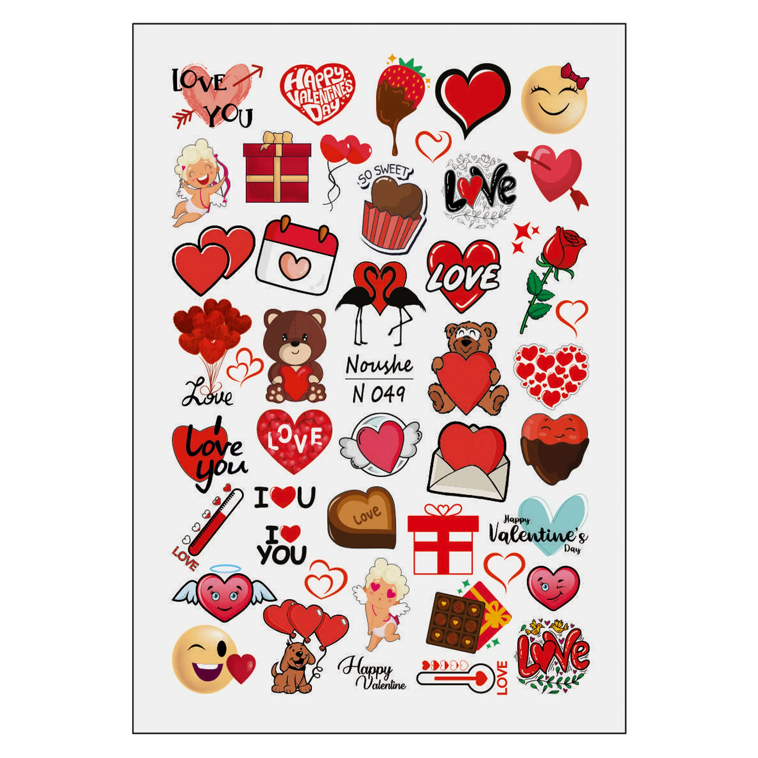 لنز ناخن ولنتاین قلب و شکلات کد N049 با خرس، گل رز، هدیه و نوشته Love