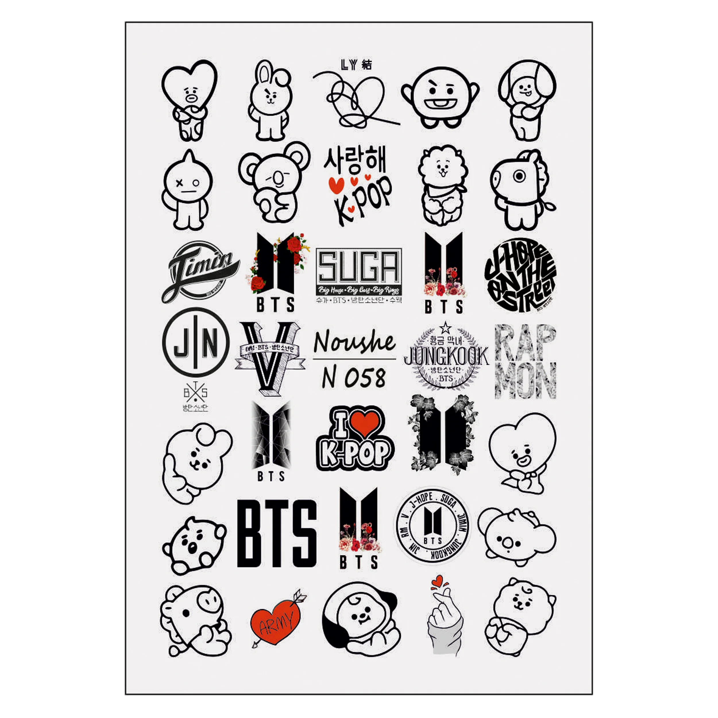 لنز ناخن BTS و BT21 مشکی کد N058 با لوگو، نام اعضا، شخصیت‌های کارتونی و قلب قرمز