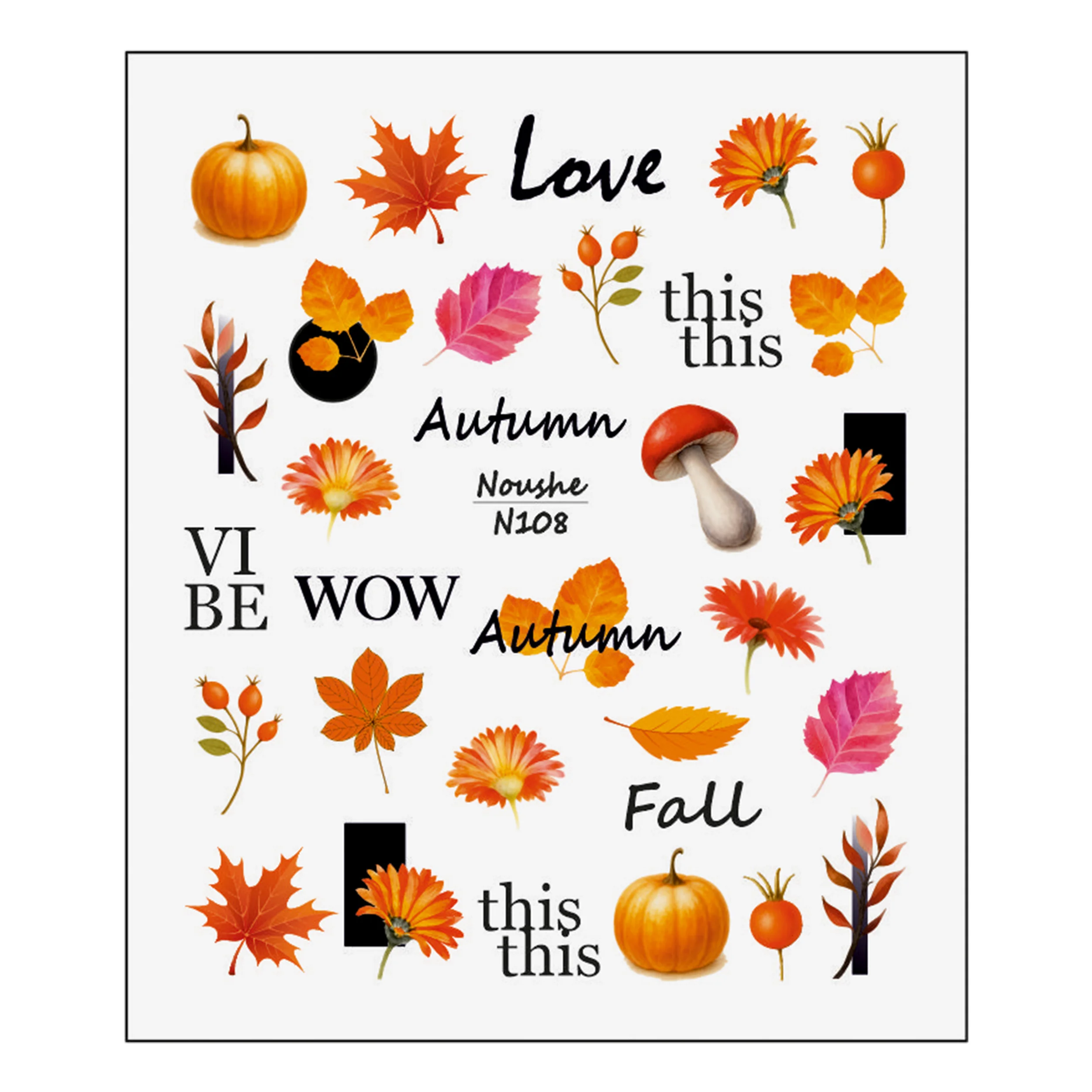 لنز ناخن پاییزی کد N108 با طرح کدو تنبل، برگ نارنجی، قارچ، گل و نوشته‌های Autumn و Fall