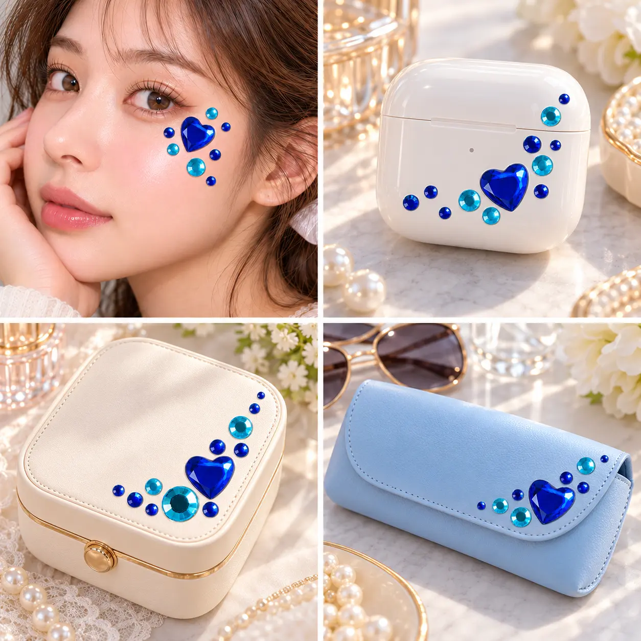 کلاژ تزئین صورت، کیس هدفون، جعبه زیورآلات و کیف عینک با نگینهای قلب و گرد آبی و فیروزهای