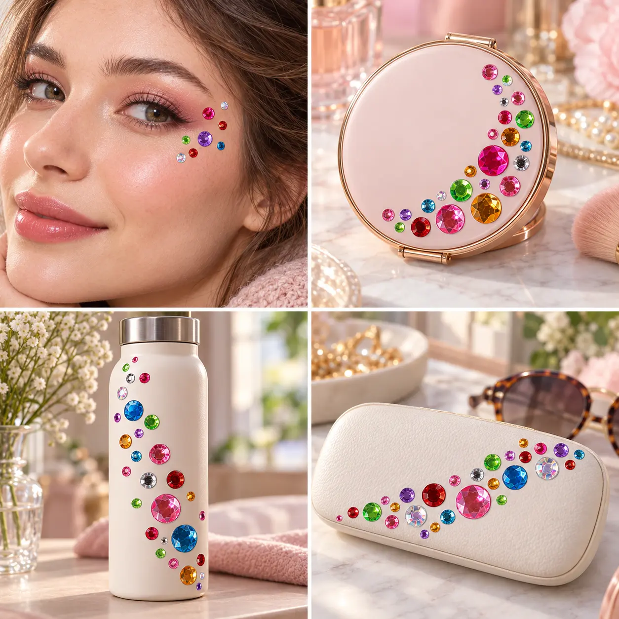 کلاژ تزئین صورت، آینه جیبی، بطری و کیف عینک با نگینهای چسبی گرد رنگی